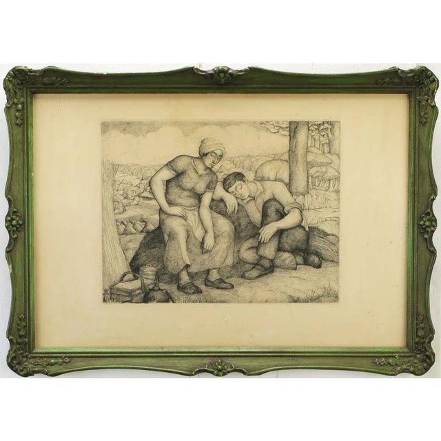 Engraved metal print on paper of two villagers at rest. Nicely finished in a green lacquered carved wood and gesso...