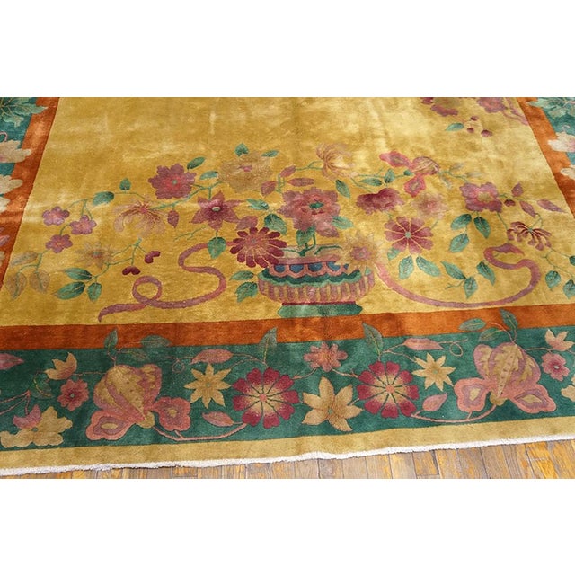 1920s Gold Floral Antique Chinese Art Deco Area Rug 8' 6"x 11' 4" Handknotted Wool Carpet For Sale - Image 4 of 5