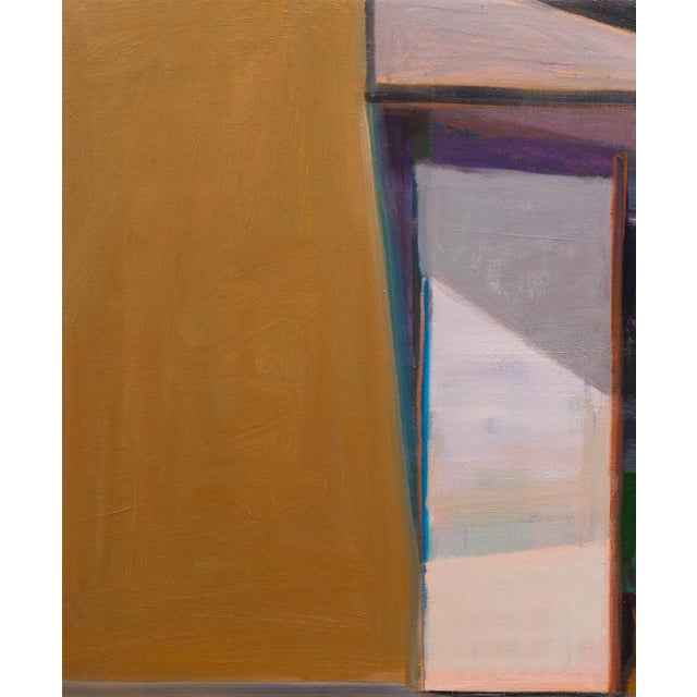 This oil on canvas work presents a quiet moment of interaction between figures set against a simplified architectural...