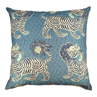 Large Blue Tibetan Tiger Jacquard Designer Feather Accent Pillow For Sale