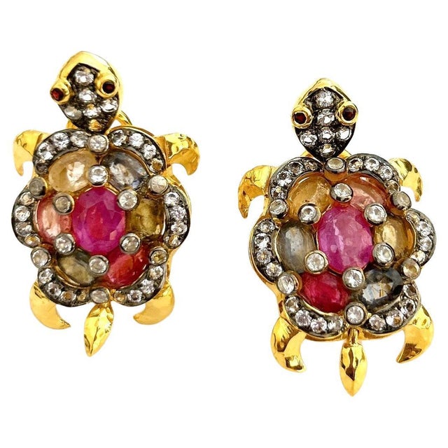 Gemstone Bochic "Orient" Vintage Ruby & Fancy Sapphire Turtle Earrings 18K Gold & Silver For Sale - Image 7 of 18
