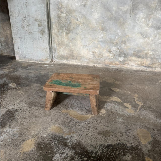 Wood Small Occasional Stool in Upcycled Teak with Traces of Green Chrome on the Top, 1990s For Sale - Image 7 of 11
