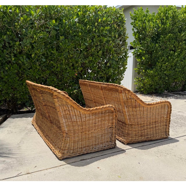 Contemporary Vintage 72” Handwoven Rattan Sofas With Large Braid Trim, Pair For Sale - Image 3 of 17