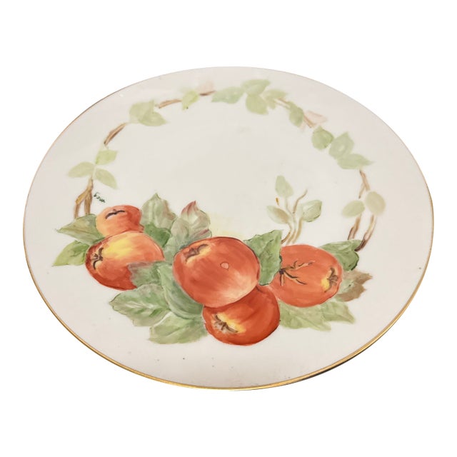 Painted Porcelain Plate Featuring an Apple Motif With a Gold-Trimmed Rim For Sale