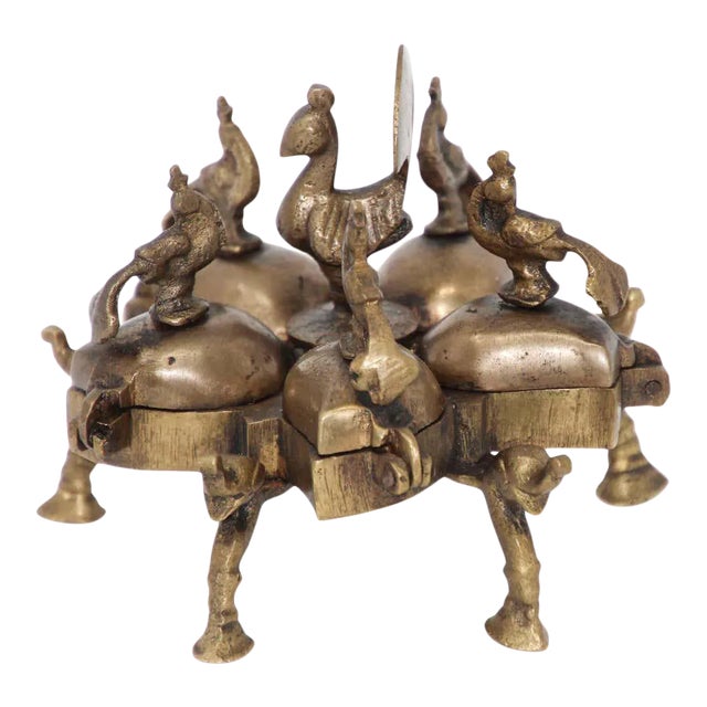 Antique Hindu Brass Box With Peacocks and Elephants For Sale