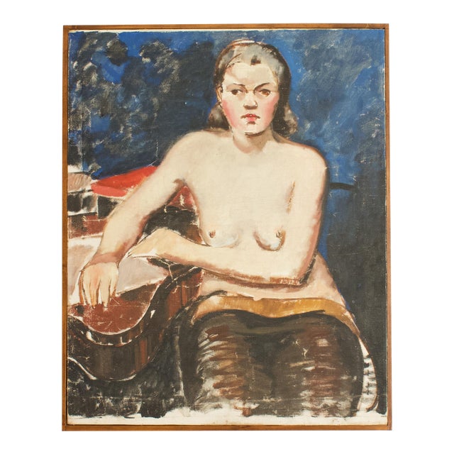 1930s French Seated Nude Painting, Framed For Sale