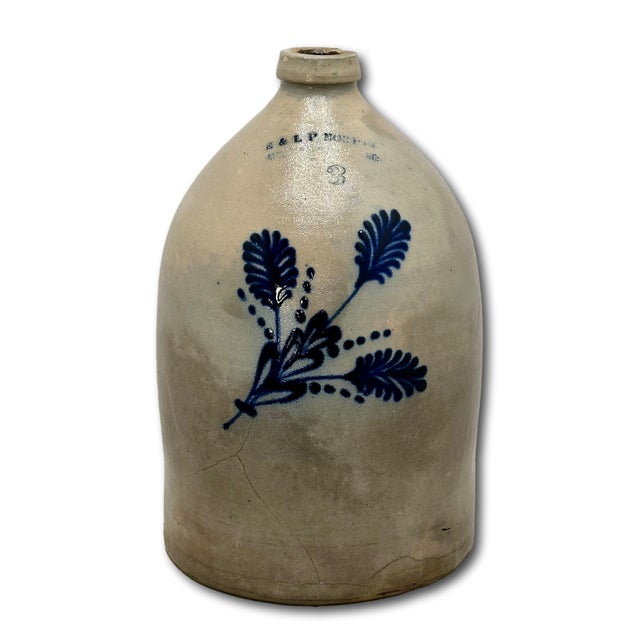 Late 19th Century Beautiful Antique American Blue Flower Decorated 3 Gallon Size Stoneware Jug by E & L P Norton in Bennington Vermont For Sale - Image 5 of 18
