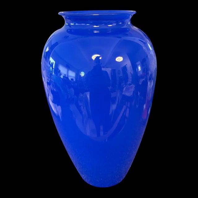 Blue Large Cobalt Blue Art Glass Vase With Flared Rim, 13″ Tall Statement Piece Table Centerpiece For Sale - Image 8 of 8