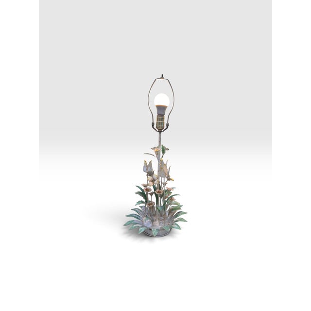 Charming vintage Italian-style tole table lamp featuring an elaborate three-dimensional garden of hand-formed and hand-...