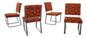 4 Streamline Modern Railroad Dining Car Chairs in Stainless Steel & Orange Abstract Upholstery