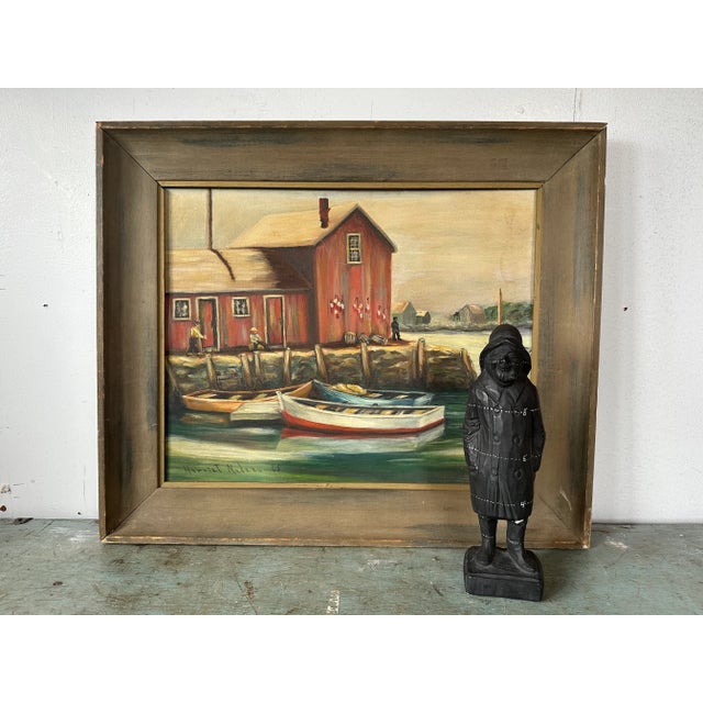 Nautical Seaside Vintage Oil Painting in a Perfectly Crusty Wooden Frame, signed Harriet Nadeau 1965. Dinghys and...