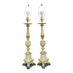 Antique Italian Neoclassical Hand-Carved Giltwood Candlestick Table Lamps - Pair
