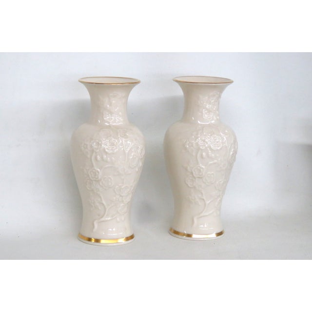 Lenox Lenox Ming Blossom Vase Pair of 2 Embossed Ivory Porcelain With Gold Trim 4930b For Sale - Image 4 of 17