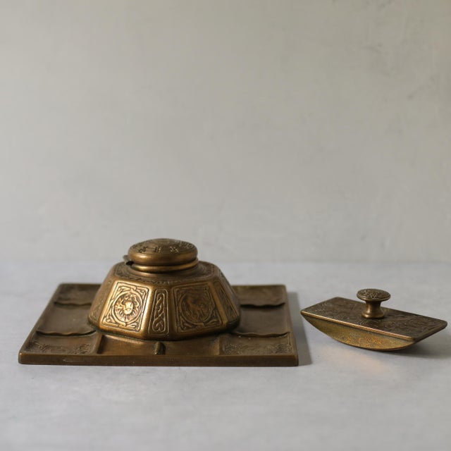 Metal Tiffany Studios New York Zodiac Bronze Inkwell With Pen Tray and Rocker Blotter For Sale - Image 7 of 18