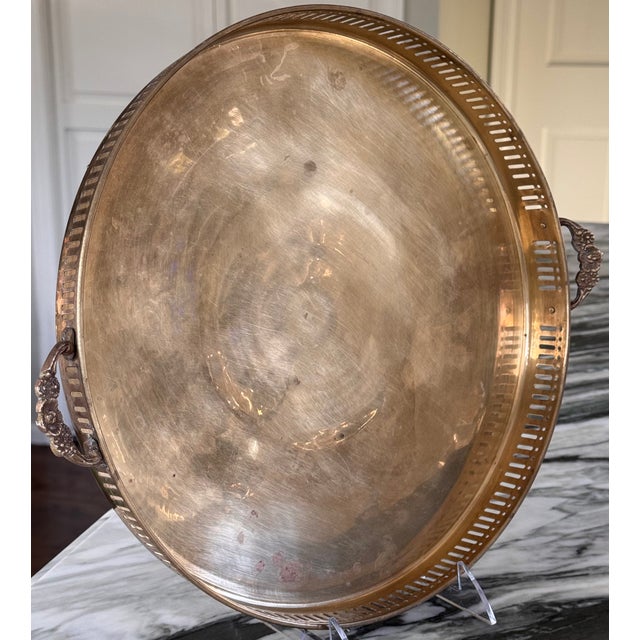 Made in India Solid Brass Round Tray With Floral Motif Handles, Polished For Sale - Image 15 of 17