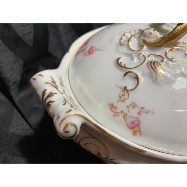 Metal Antique French Limoges Pink and Lavender Flowers Round Serving Dish With Lid by Elite Works For Sale - Image 7 of 13
