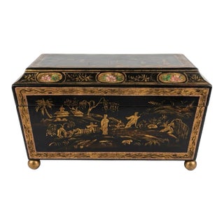 Large Regency Style Black and Gold Chinoiserie Decorated Box For Sale