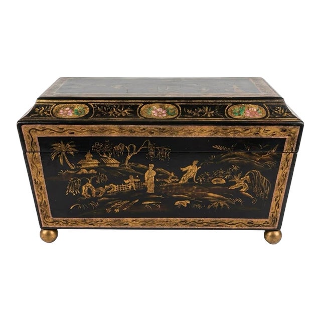 Large Regency Style Black and Gold Chinoiserie Decorated Box For Sale