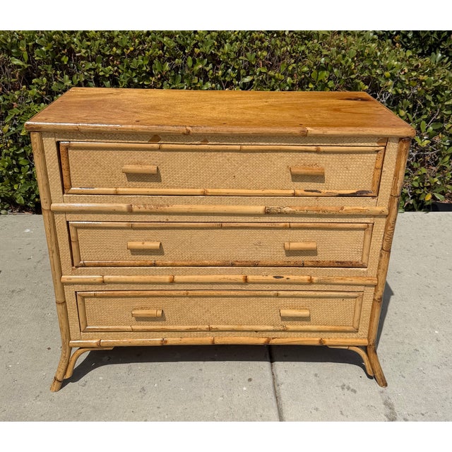 Wood Vintage Bamboo / Grasscloth “Rising Sun” Dresser & Nightstand, a Set of 2 For Sale - Image 7 of 15