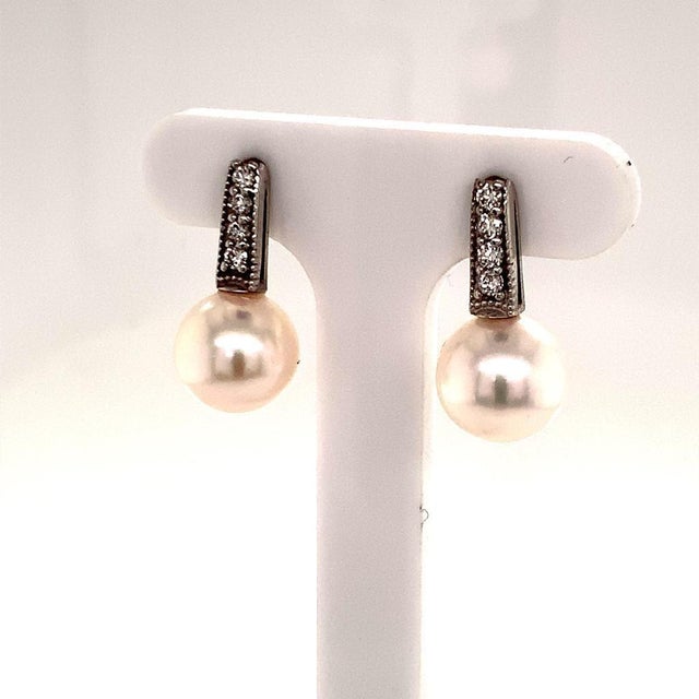 Traditional Diamond Akoya Pearl Earrings 14k White Gold Certified For Sale - Image 3 of 6