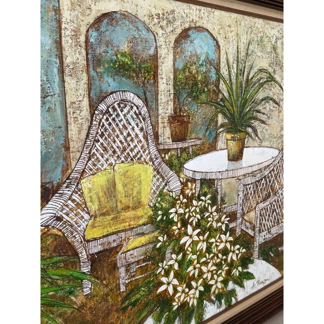 Green Vintage Coastal Boho Veranda Still Life Wood Framed Oil Painting on Canvas Signed For Sale - Image 8 of 12