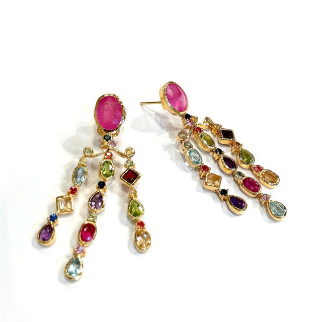 Bochic "Orient" Vintage Ruby & Multi gem Chandelier Earrings Set 18K Gold&Silver, A Pair For Sale - Image 9 of 18