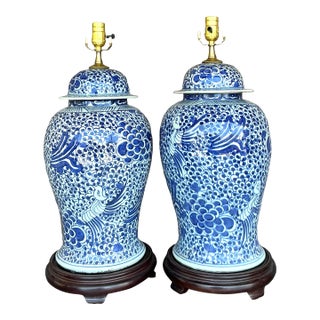 Vintage Boho Blue and White Ceramic Lamps - A Pair For Sale