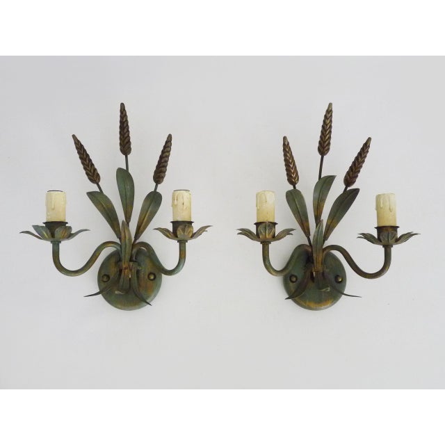 Antique Wheat Sheaf Wall Sconces in Gold and Green Metal, 1980s, Set of 2 For Sale - Image 11 of 11