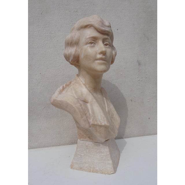 Italian Artist, Large Art Deco Carved Bust of Woman, 1920s-1940s, Alabaster For Sale - Image 4 of 18