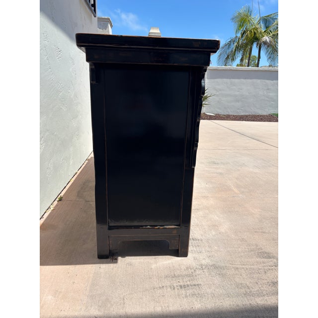 Vintage Chinese Black Lacquer Chinoiserie Sideboard W/ Hand-Painted Gilt Decoration For Sale - Image 12 of 15