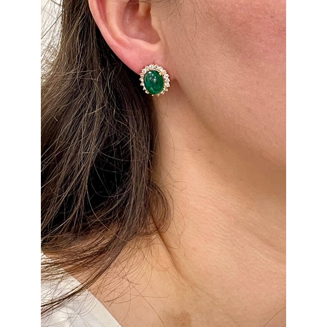 12 Ct Natural Emerald Zambia Cabochon & Diamond Stud Earring 14 Karat White Gold For Sale - Image 13 of 18