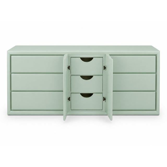 Solid oak. 1970s regency mid century 6; long 30’’ tall 26’’ deep. Good condition Refinished by our shop in seafoam green...