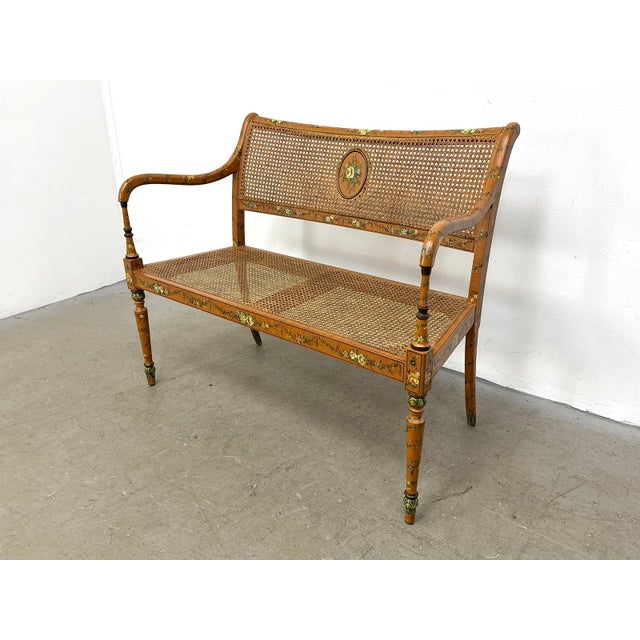 Neoclassical Late 20th Century Elegant Sheraton Style Painted Floral Cane Settee With Neoclassical Detailing For Sale - Image 3 of 14