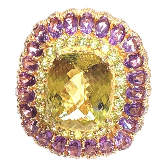 Bochic "Orient" Vintage Diamond, Lemon Quartz & Gem Ring Set 18K Gold & Silver For Sale