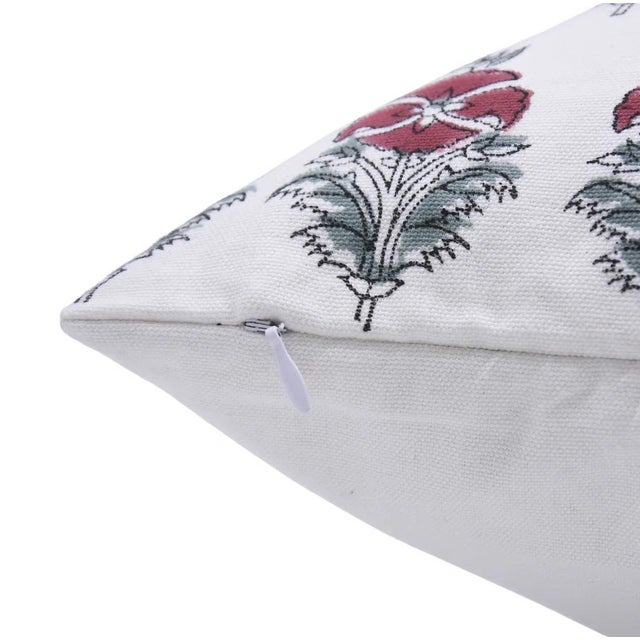 Art Deco Fabdivine Floral Block Print Pillow Cover 14x14 Inch Thick Cotton White-Mor Mukut For Sale - Image 3 of 4