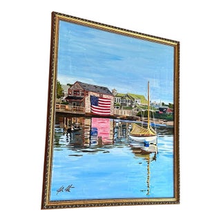 Old Glory in the Wharf, Original Painting, Framed For Sale
