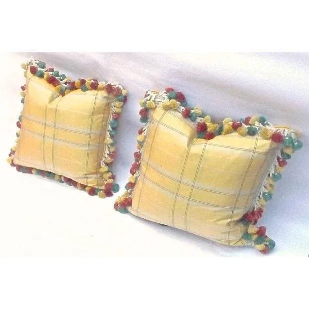 Farmhouse Vintage Plaid Yellow Silk & Tassel Pillows - A Pair For Sale - Image 3 of 4