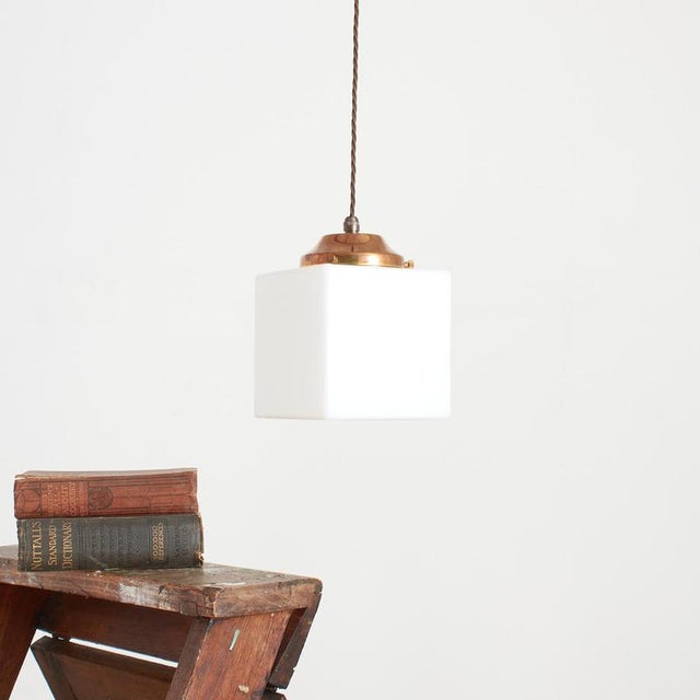 Antique Art Deco Opaline Cube Pendant Light, 1940s For Sale - Image 3 of 3
