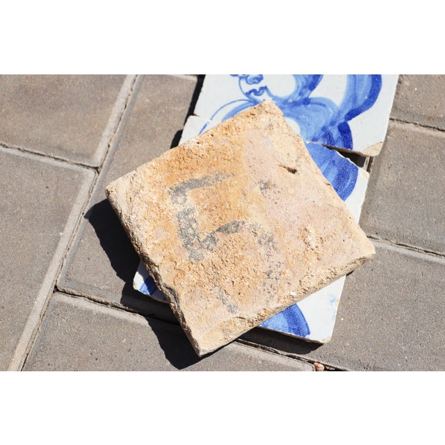 Antique 18th Century Set of Four Tiles Depicting a Cherub Holding a Baroque Torchiere For Sale - Image 6 of 6