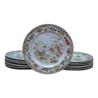 Antique Stephan Folch Ironstone Imari Bamboo & Basket China Dinner Plates - Set of 16 For Sale