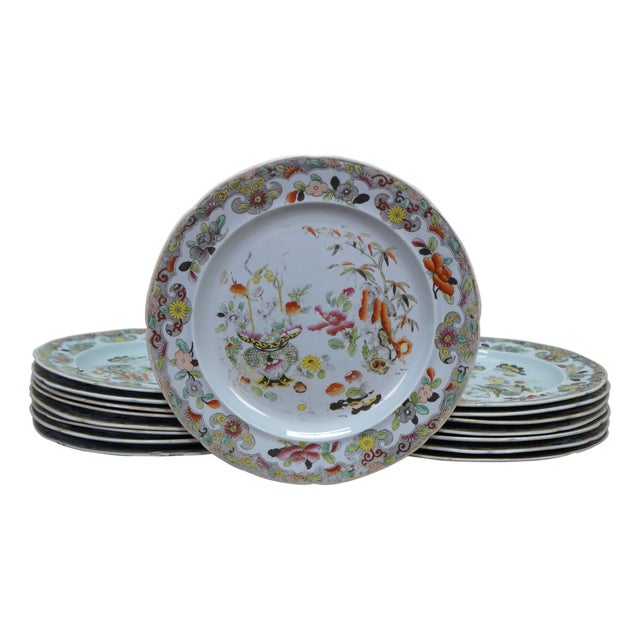 Antique Stephan Folch Ironstone Imari Bamboo & Basket China Dinner Plates - Set of 16 For Sale