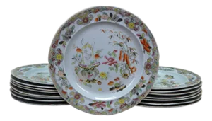Antique Stephan Folch Ironstone Imari Bamboo & Basket China Dinner Plates - Set of 16