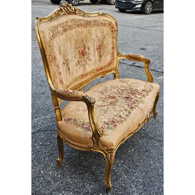 Louis XV Style French Carved & Tapestry Upholstered Aubusson Settee Circa 1890s For Sale - Image 14 of 16