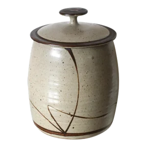 1980s Graphic Beige Brown Pottery Lidded Canister