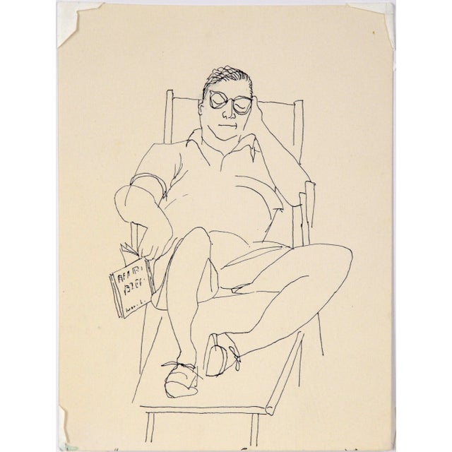 Lounge Chair Nap - Vintage Illustration in Ink and Watercolor A man lazes in a lounge chair, book still in hand, as he...