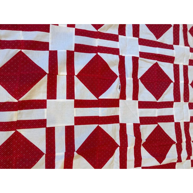 Vintage Red White Quilt Top Only Diamond Pattern 68x93 For Sale - Image 4 of 10