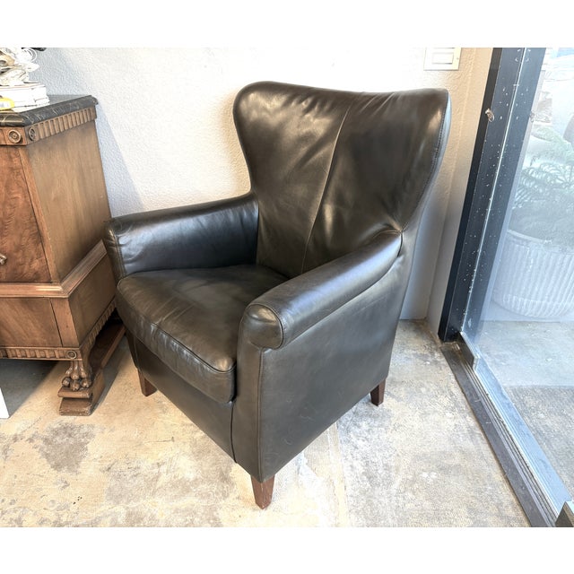 Mid-Century Modern Pair of Dutch Mid-Century Navy Blue Leather Wingback Chairs For Sale - Image 3 of 17