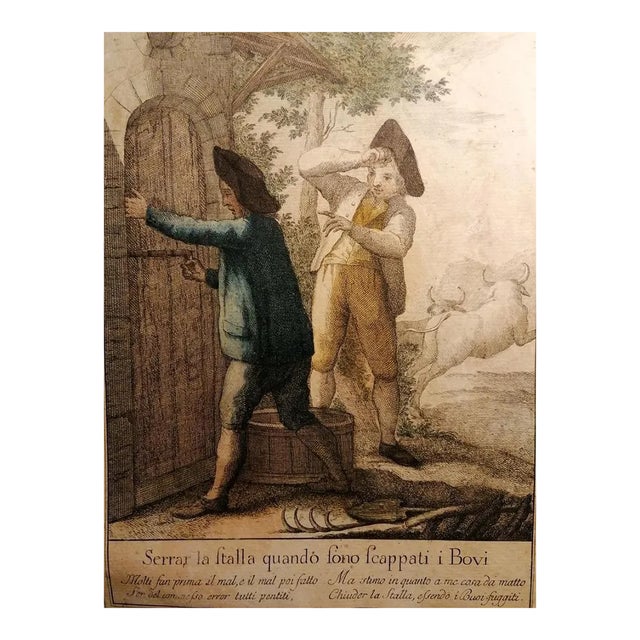 Lock the Barn When the Oxen Have Fled, Early 19th-Century, Etching For Sale