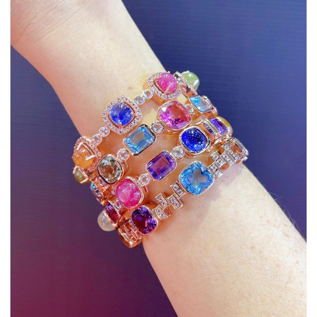 Vintage Bochic Set Off 4 Capri Bangles Multi Natural Gems Set In 18K Gold & Silver Natural Multi Gems 45 Carats Ruby,...