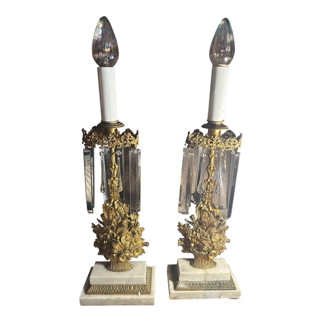 1850s Cornelius Style Brass Floral Basket Girandole Mantel Lamps - Pair For Sale